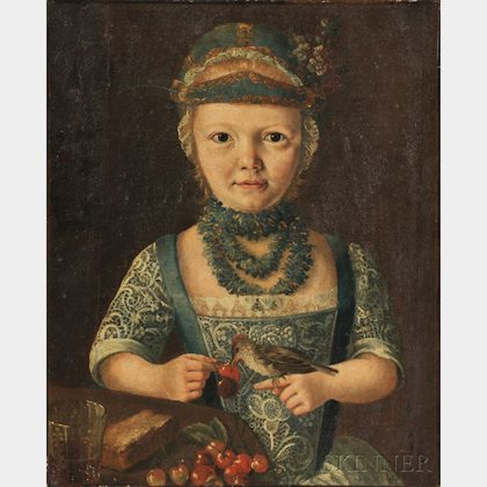 Interior Half-length Portrait of a Young Girl Feeding Cherries to a Bird by German School