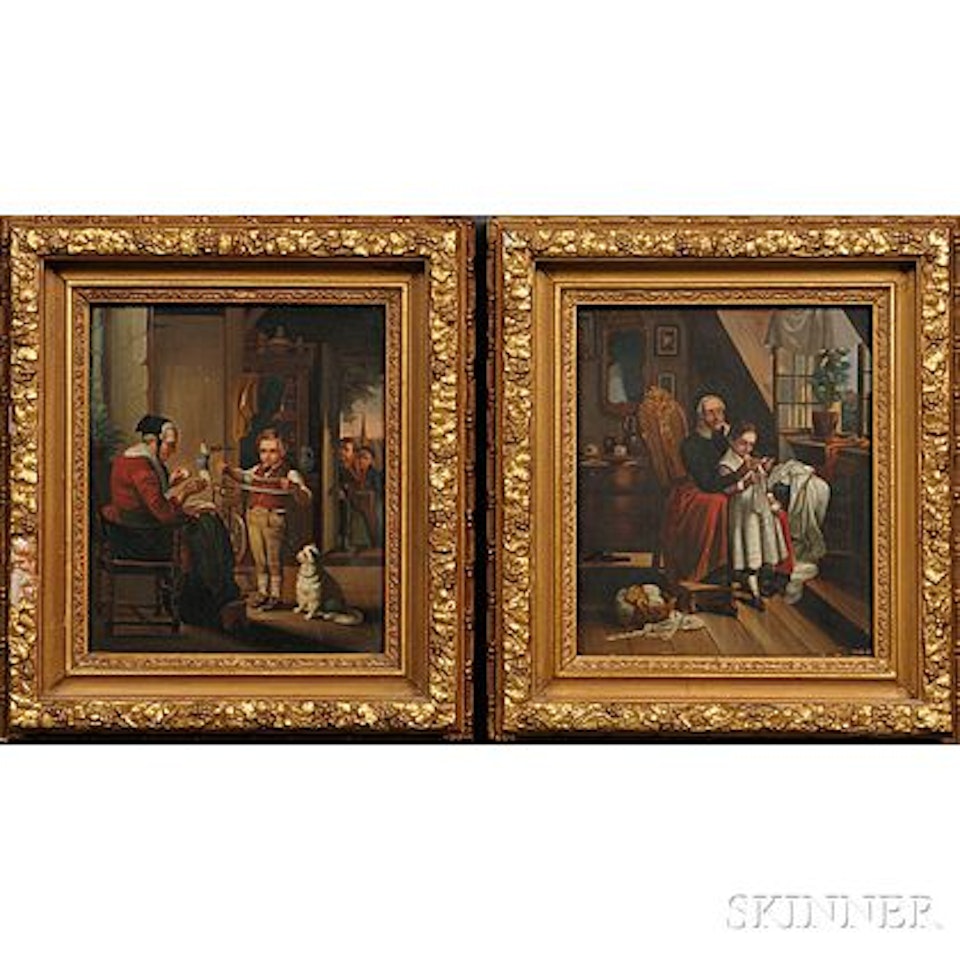 Two Genre Scenes of Grandmothers with Children: Learning to Knit and The Reluctant Assistant by Continental School
