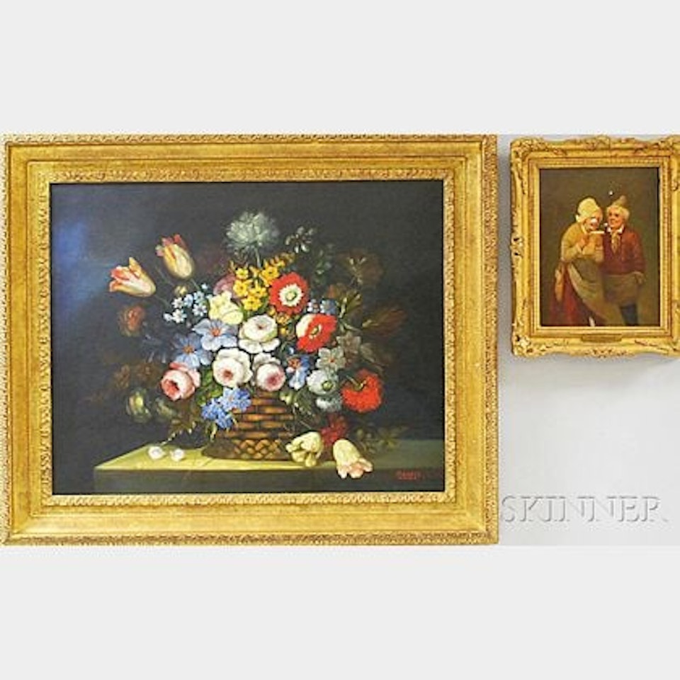 Peasant Couple Sharing a Letter; Large Floral Still Life by Continental School