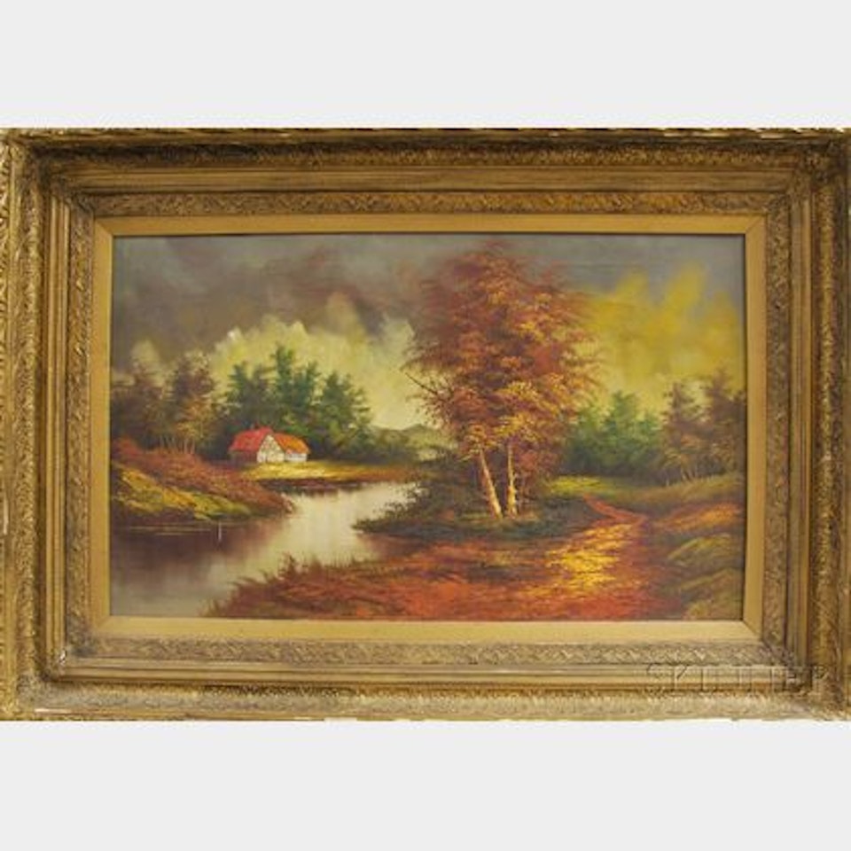 Autumn Landscape with Barn on a River. by Continental School