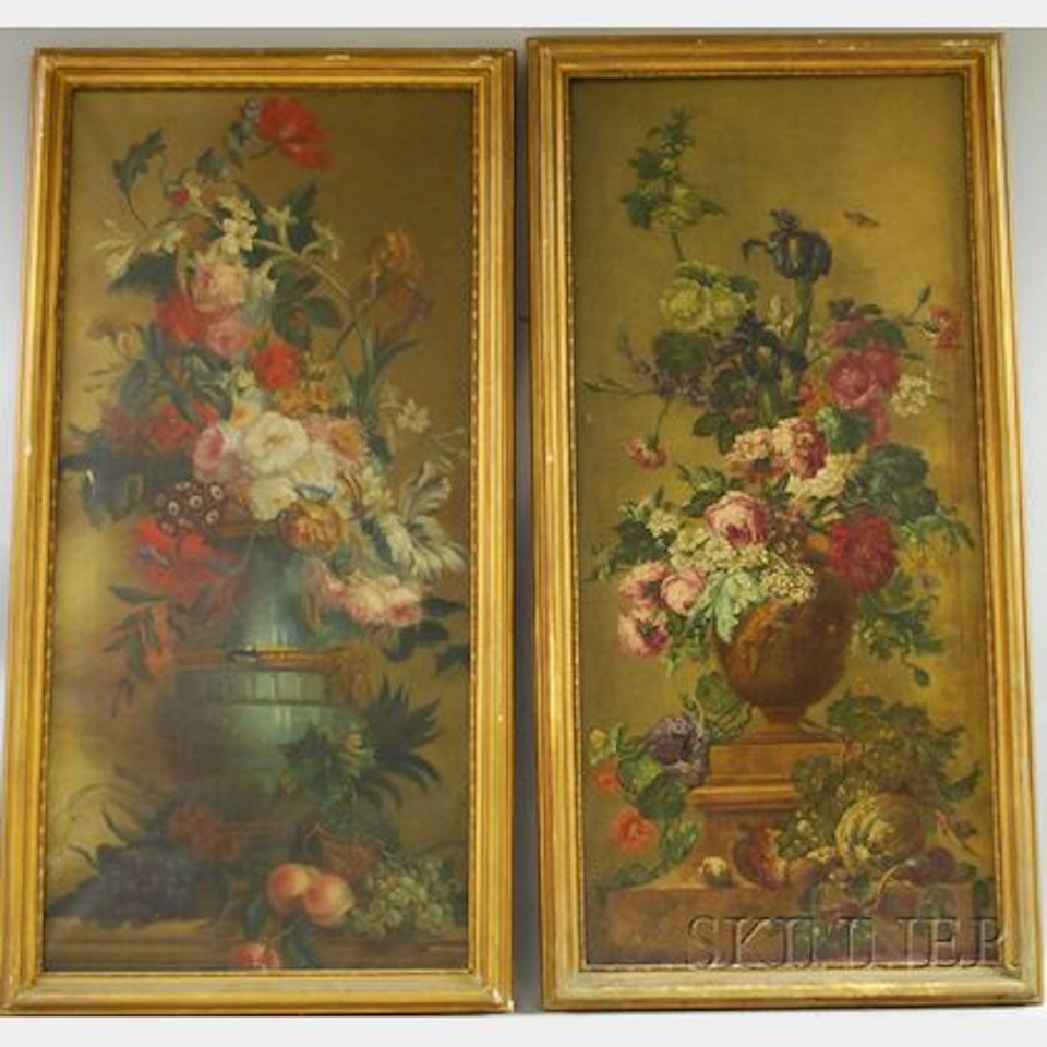 Two Floral Still Lifes: Classical Urn and Blue Vase by Continental School
