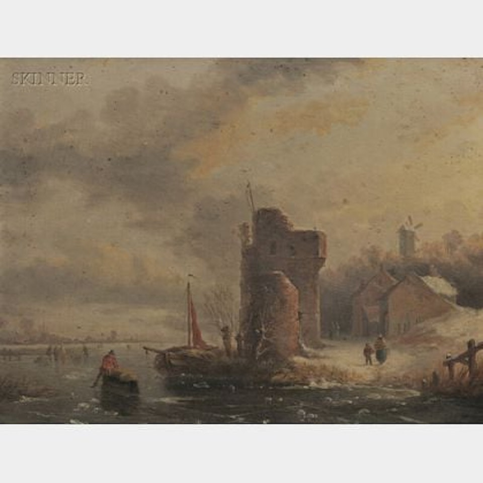 Landscape with Frozen River and Castle Ruins by Dutch School