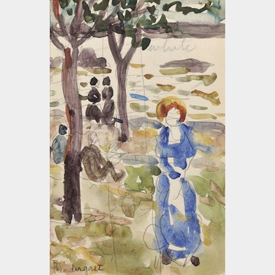 Double-sided Sketchbook Page: Figures Beneath Trees at the Shore and Two Seated Women (verso); Figures; Figures; Women by Maurice Prendergast