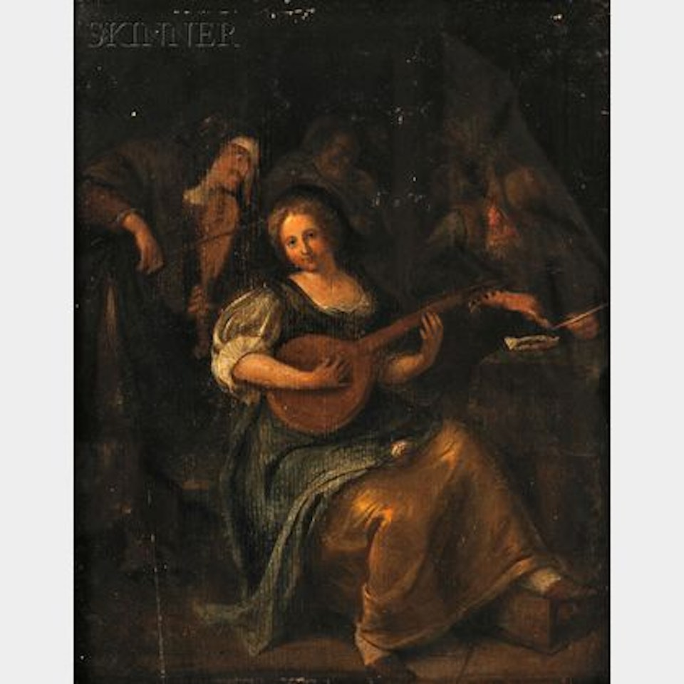Tavern Interior with a Woman Playing a Stringed Instrument by Dutch School