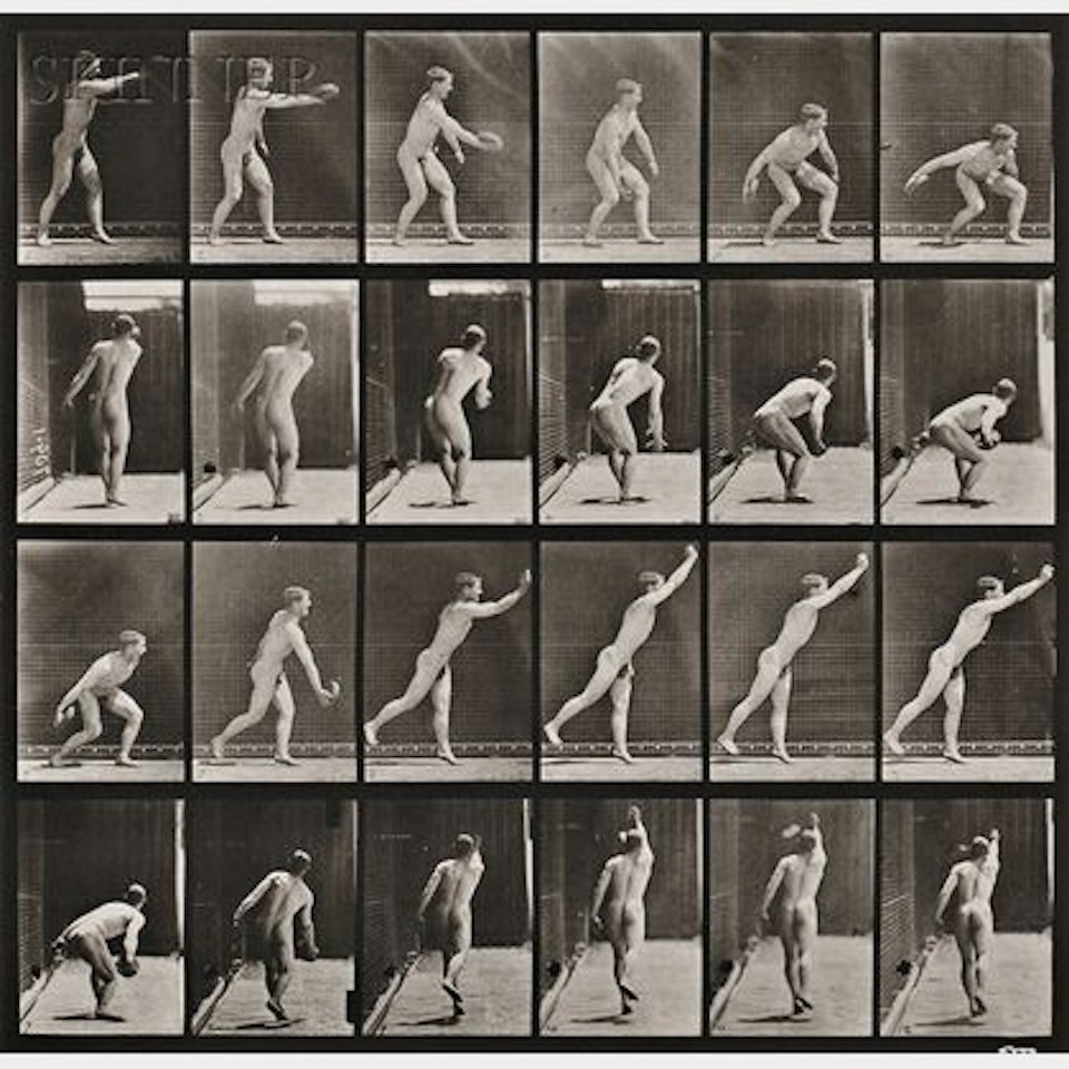 Two Images from ANIMAL LOCOMOTION: Plate 307 (Discus Throw) and Plate 536 (Hands Writing) by Eadweard Muybridge