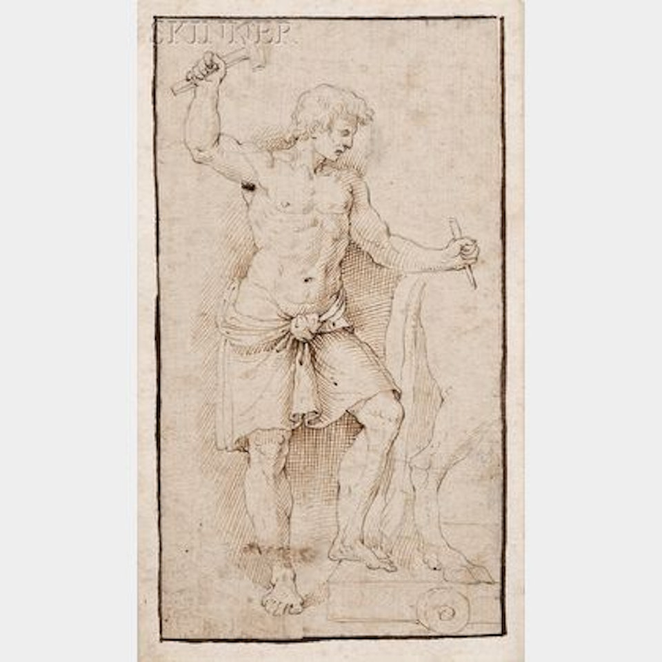 Three Unsigned Old Master Drawings; Sacrificial Procession,; St. John the Evangelist; Man Sculpting a Horse by Italian School