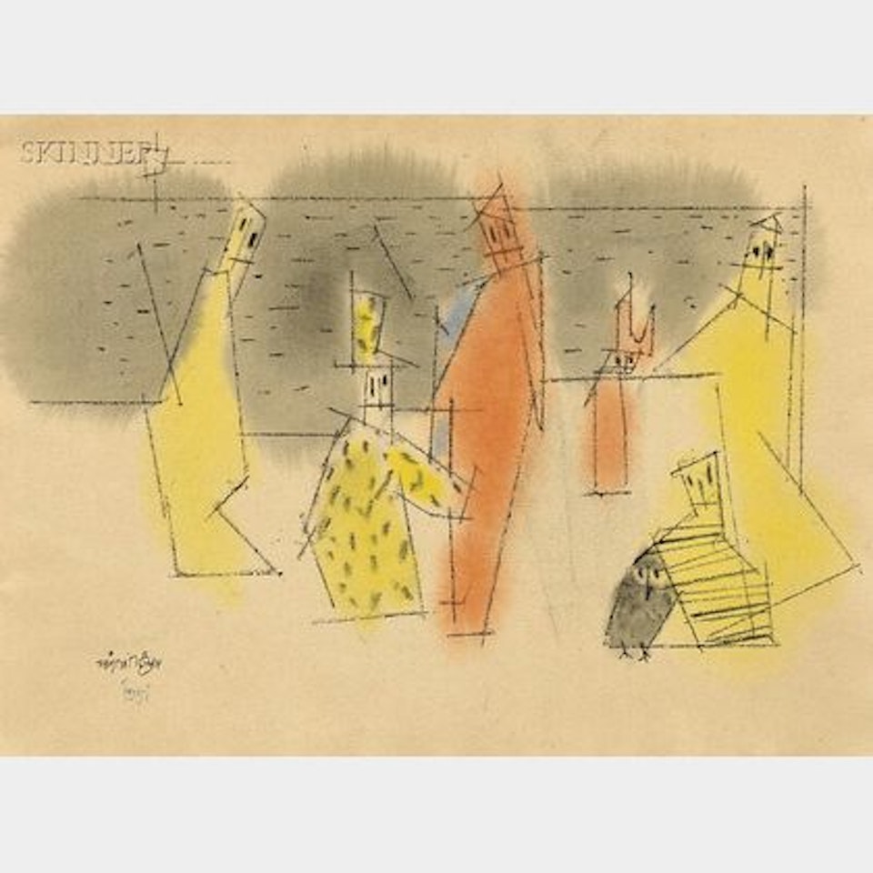 Untitled [Six Figures and One Owl] by Lyonel Feininger
