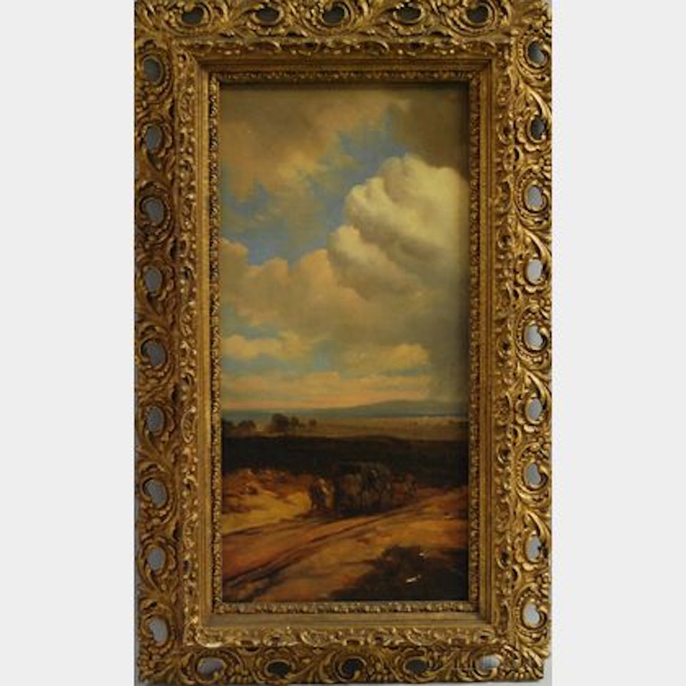 Horse-drawn Wagon and Figures Beneath a Cloudy Sky by Continental School