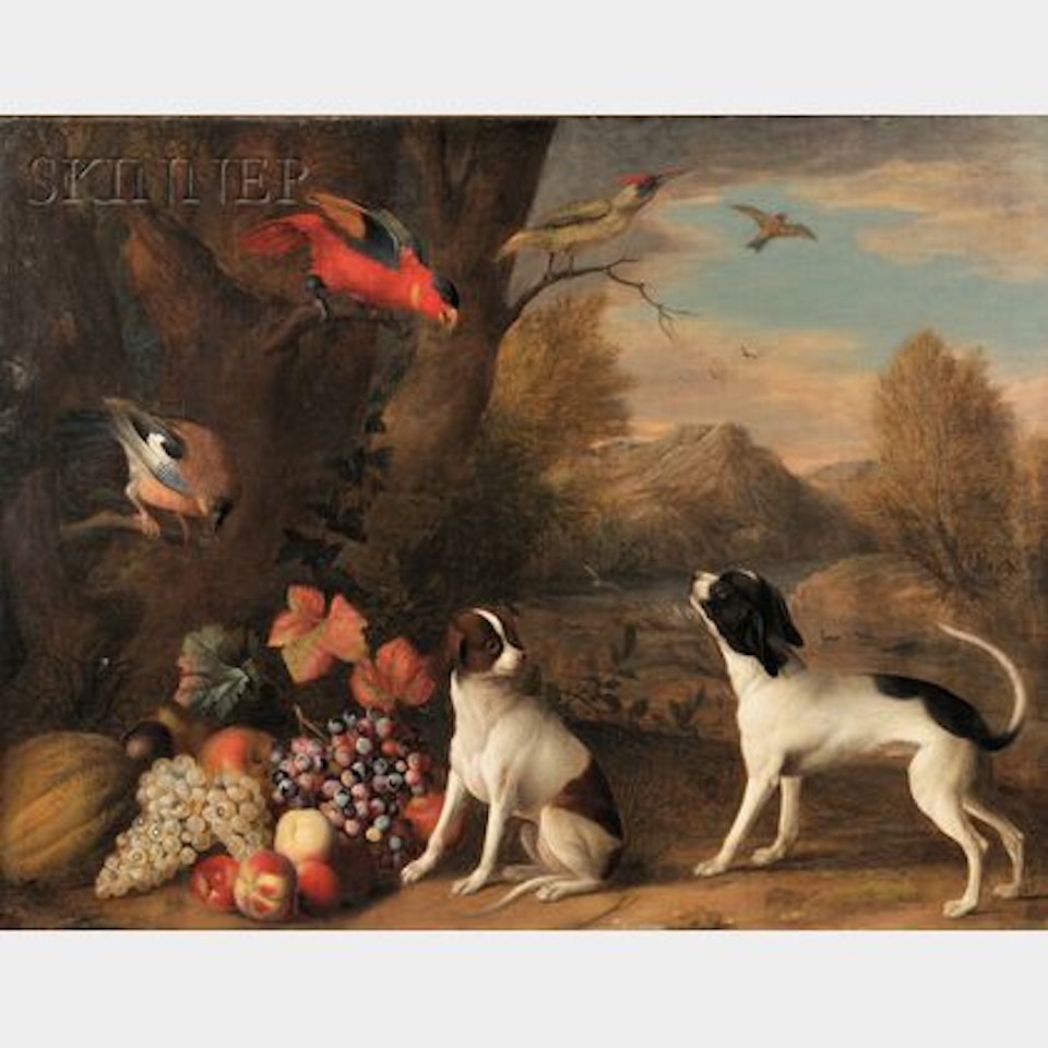 Landscape with Exotic Birds and Two Terriers by Dutch School