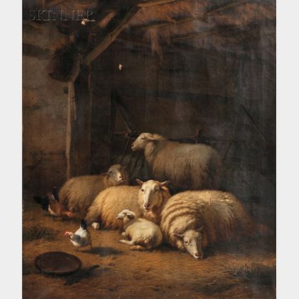 Sheep and Hens in a Stable Interior by Eugène Joseph Verboeckhoven