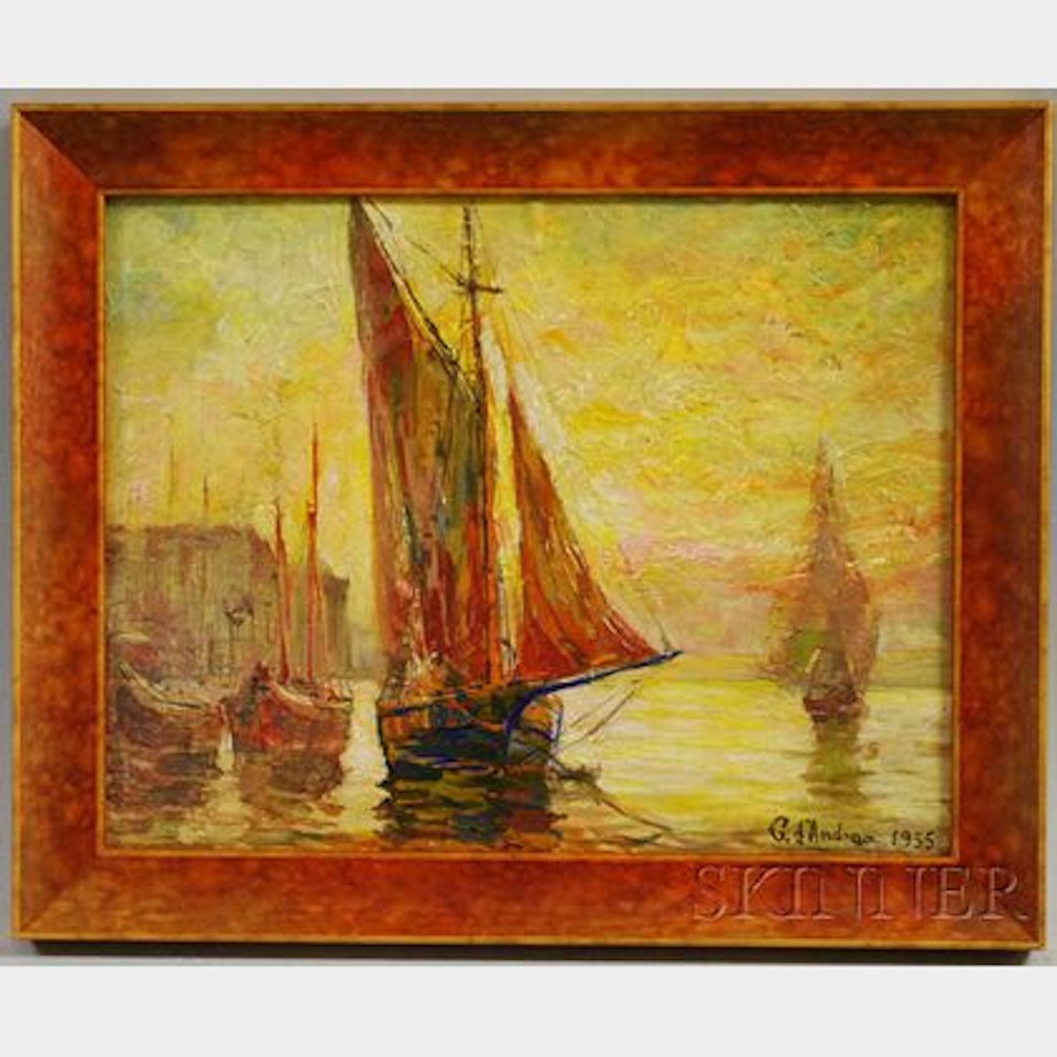 Moored Ships at Sunset by Continental School