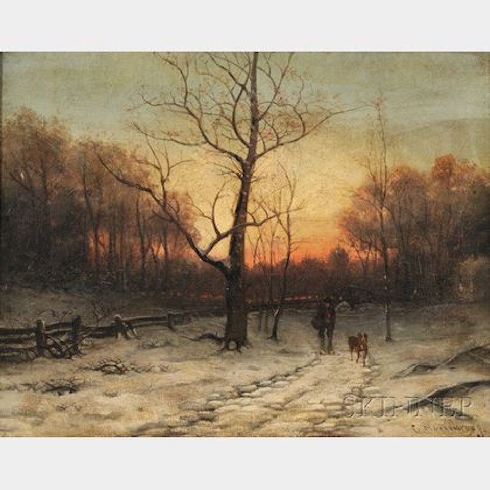 Winter Path with Man and Dog at Sunset by Continental School