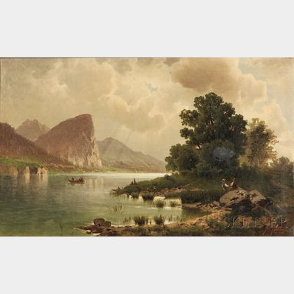 Lake Scene with Boaters and Figures on the Shore by Italian School