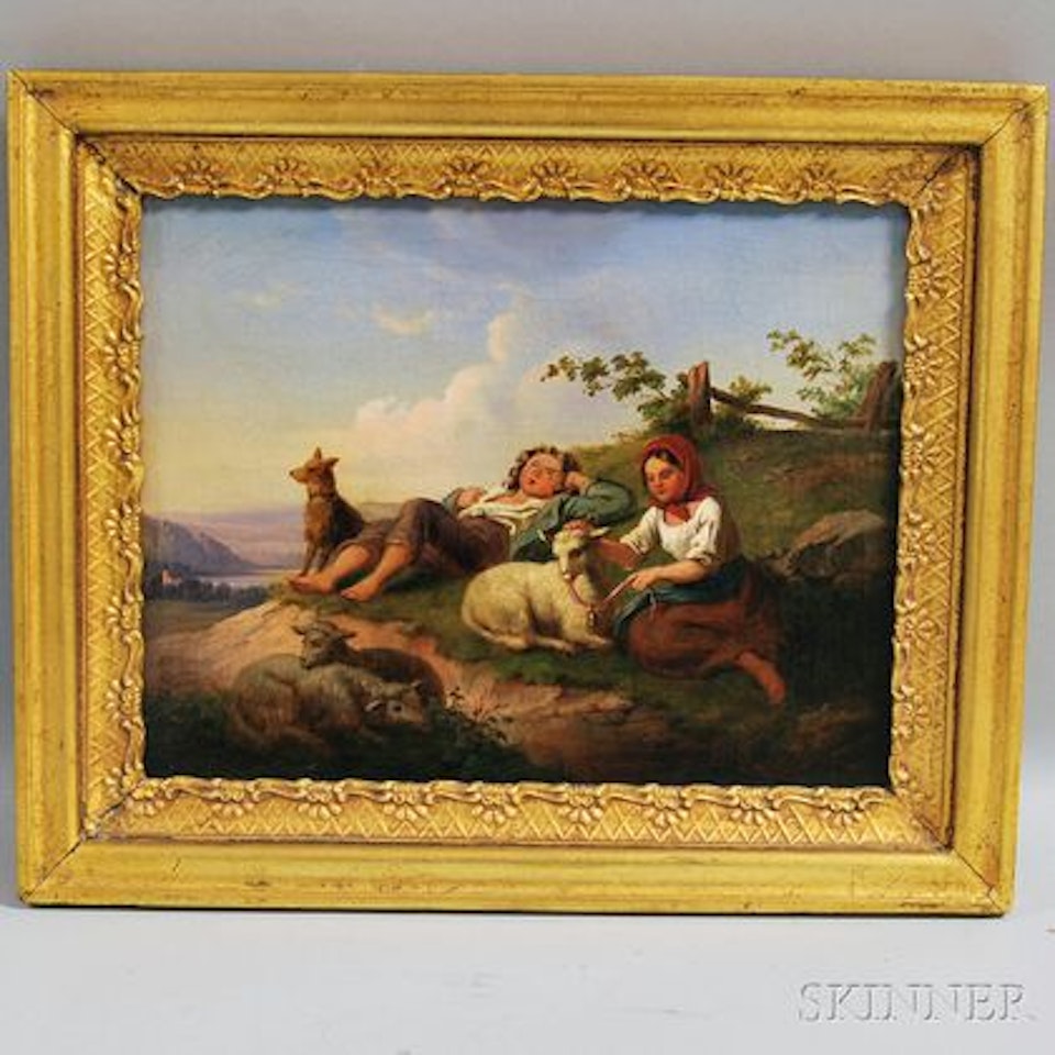 Children and Sheep on a Hillside. by Continental School