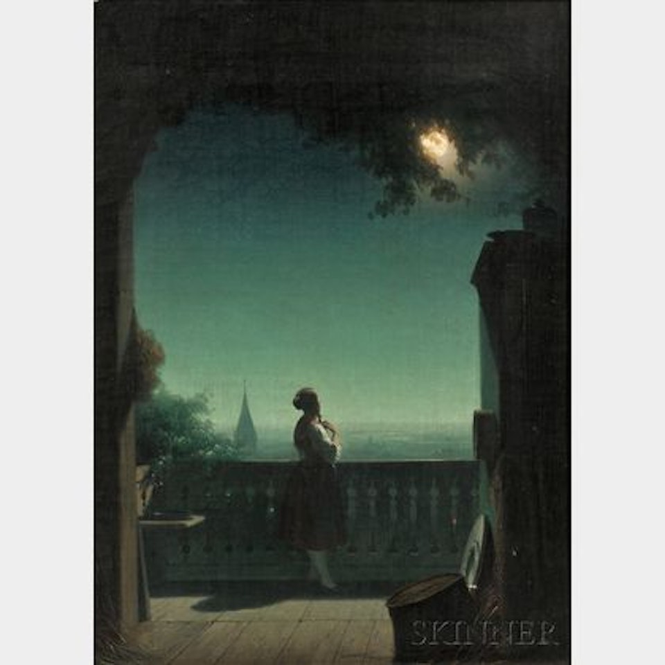 Woman in Moonlight on a Balcony by Continental School