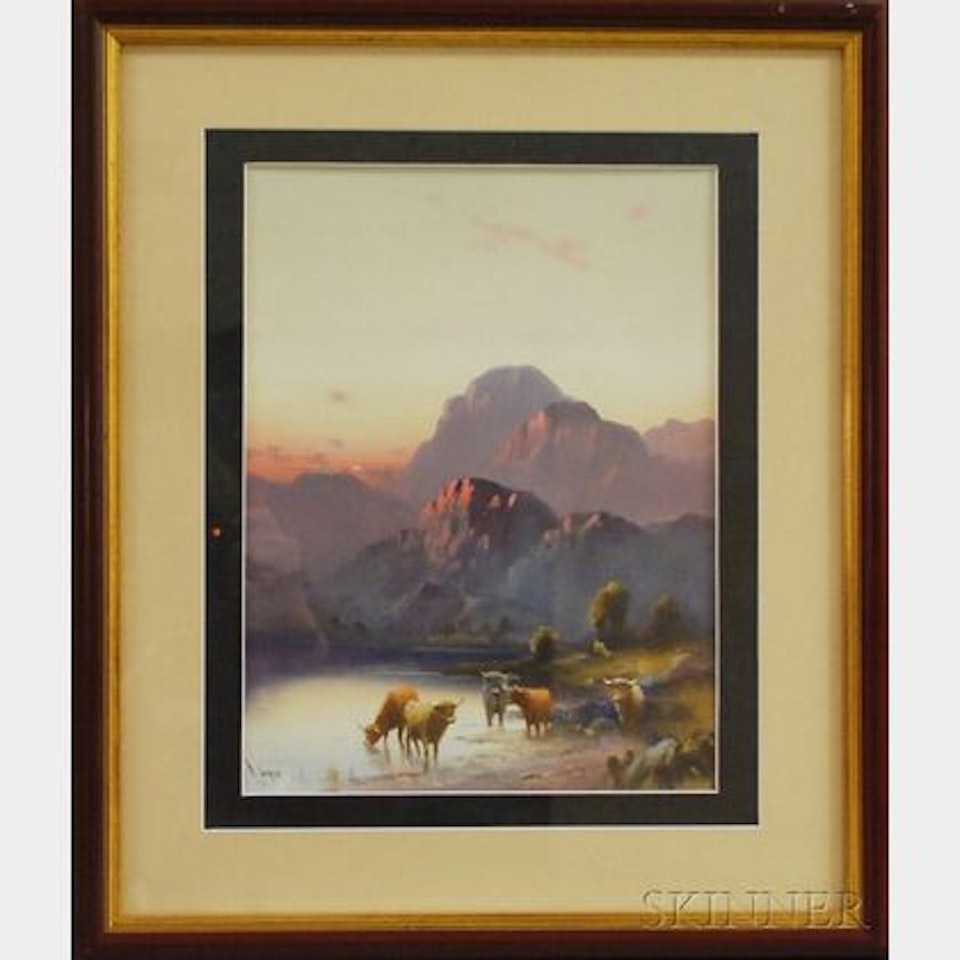 Highland Cattle Watering at Sunset by English School