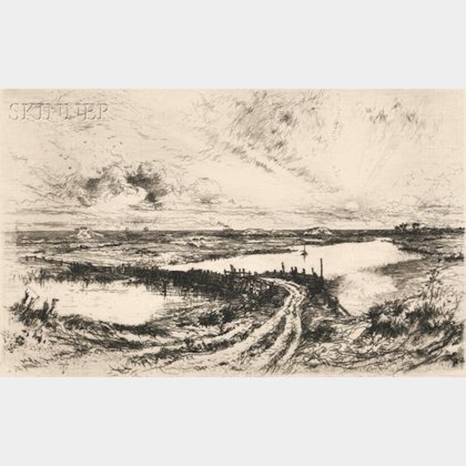 Sunrise - The Pond, Easthampton, L.I. , alternatively titled Morning: Hook Pond and Old Bridge by Thomas Moran