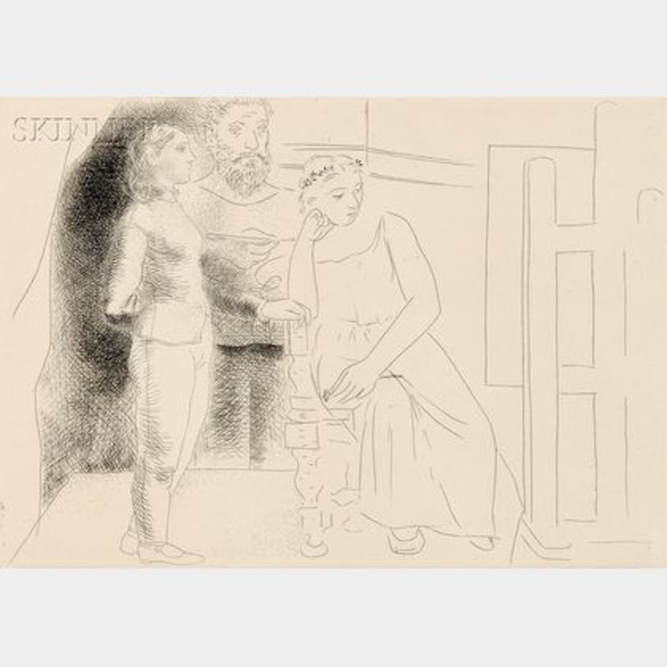 Peintre entre deux modèles regardant une toile , from LE CHEF-D"OEUVRE INCONNU by Pablo Picasso