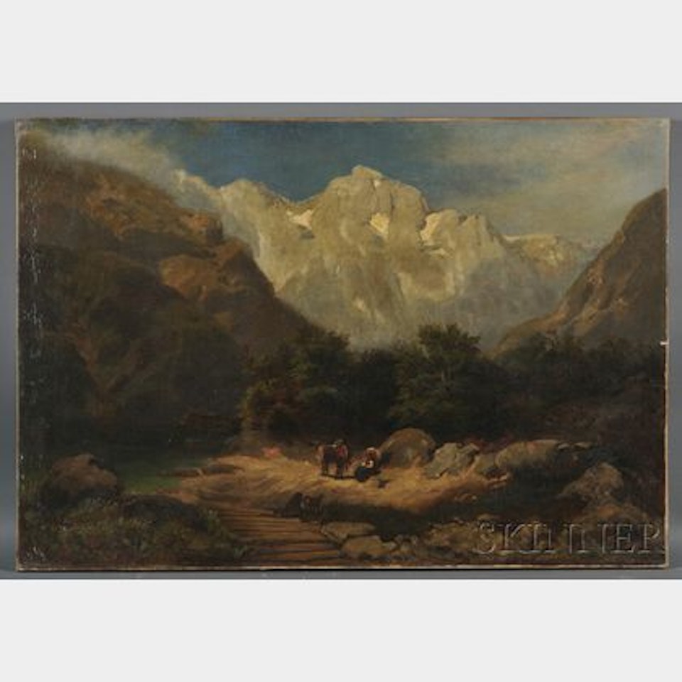 Mountain Landscape with Peasants and Livestock by Continental School