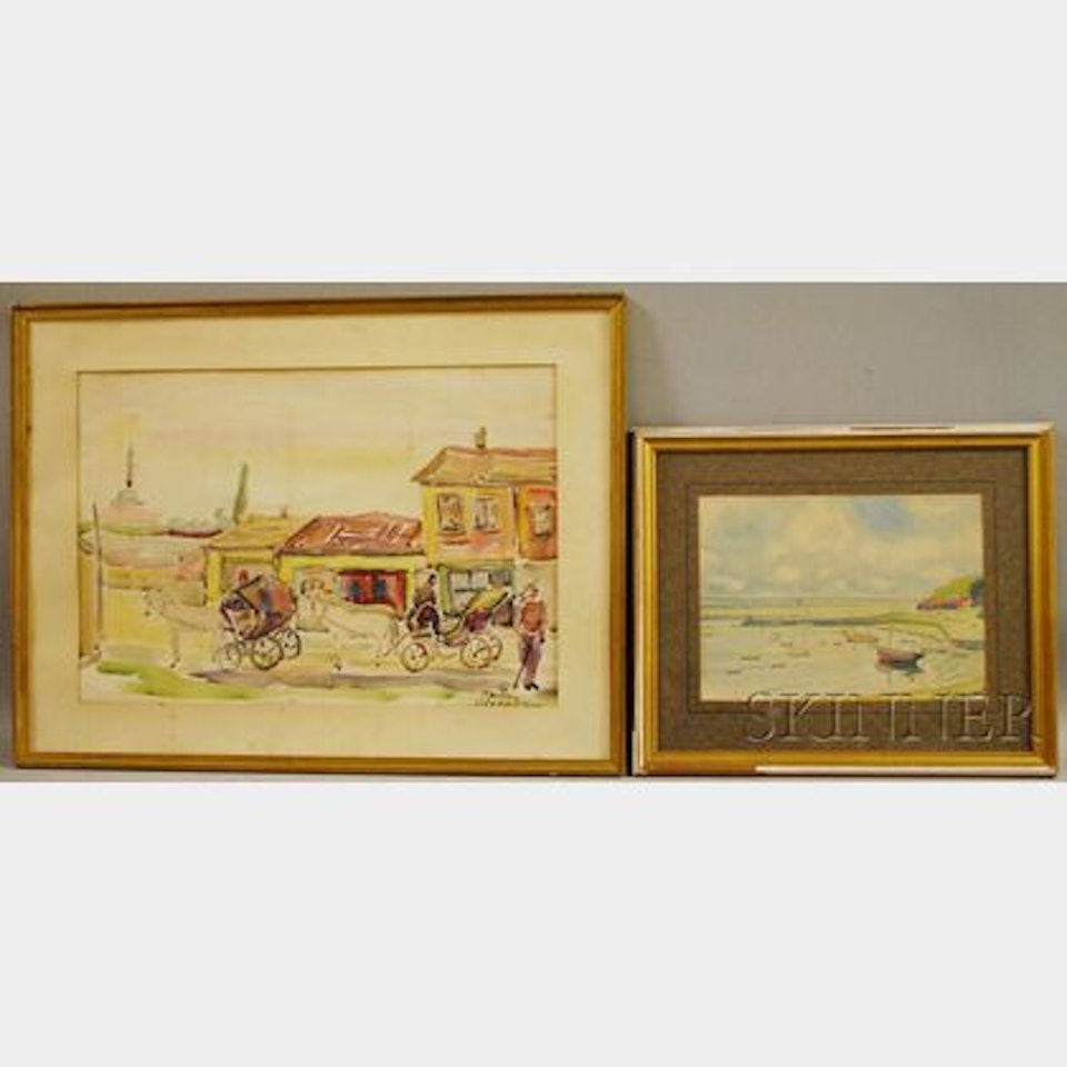 Four Works; Lake View; Pastoral Landscape Study; Landscape with Donkey-drawn Carts and Minaret; View of Boats in Fouras by French School