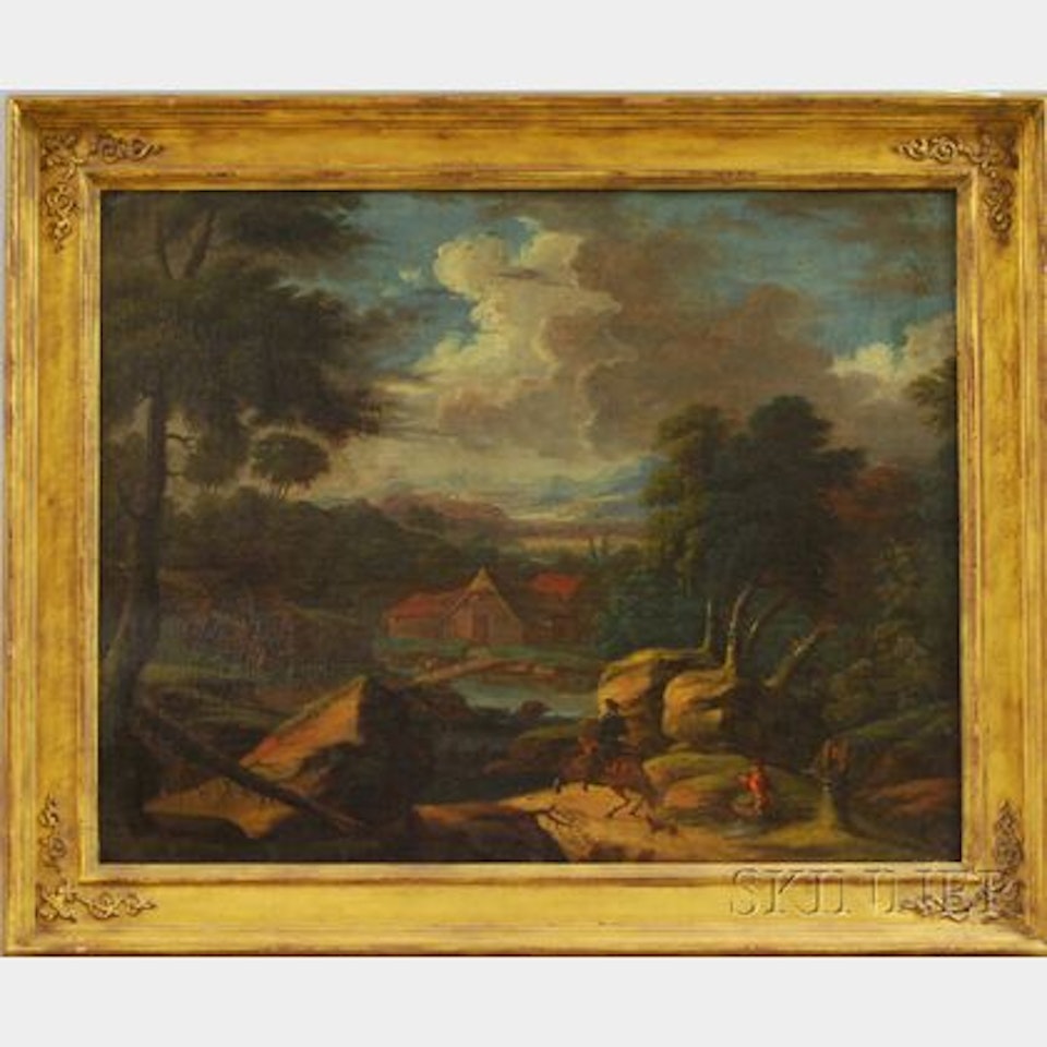 Landscape with Horseman Approaching a Settlement by Continental School