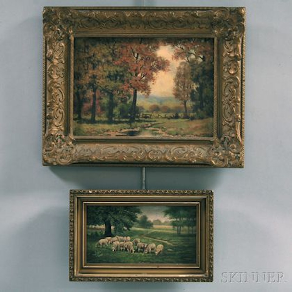 Two Landscapes; Sheep Grazing; Fall Landscape by Continental School