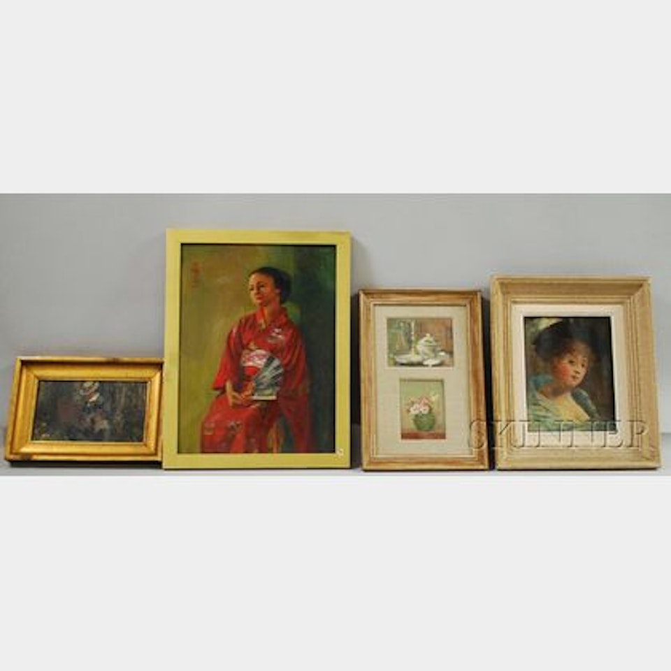 Four Works; Portrait of an Artist Working En Plein Air; Oriental Grace; Portrait of a Woman in Blue with Feathered Hat; Still Life with Tureen; and; Floral Still Life by French School
