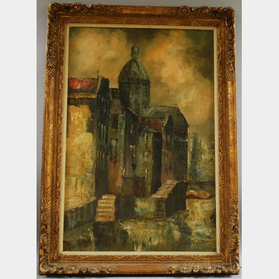 Canal in Awon; Cityscape along a Canal by Continental School
