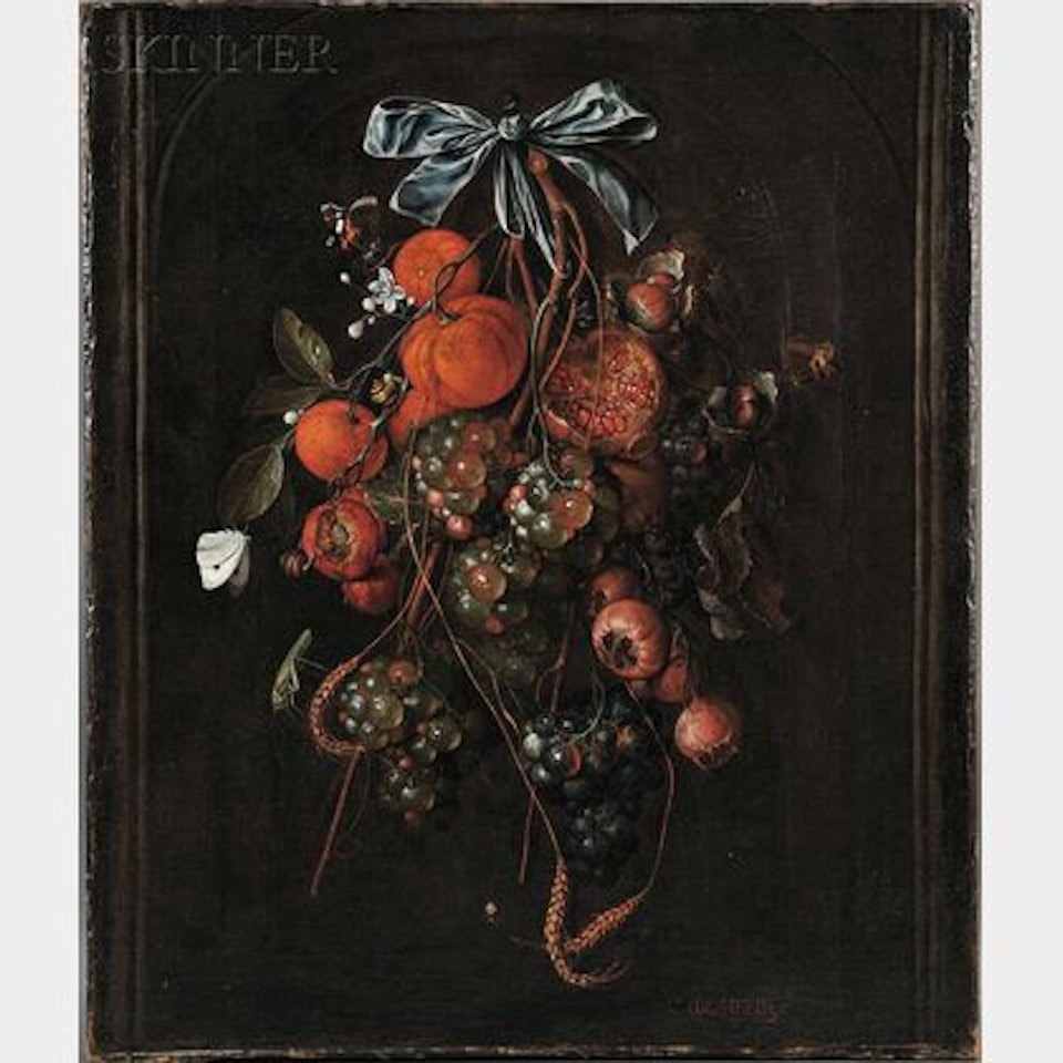 Autumn Still Life with Pomegranates, Chestnuts, Oranges, White and Red Grapes, Plums, Wheat, and Insects by Cornelis de Heem