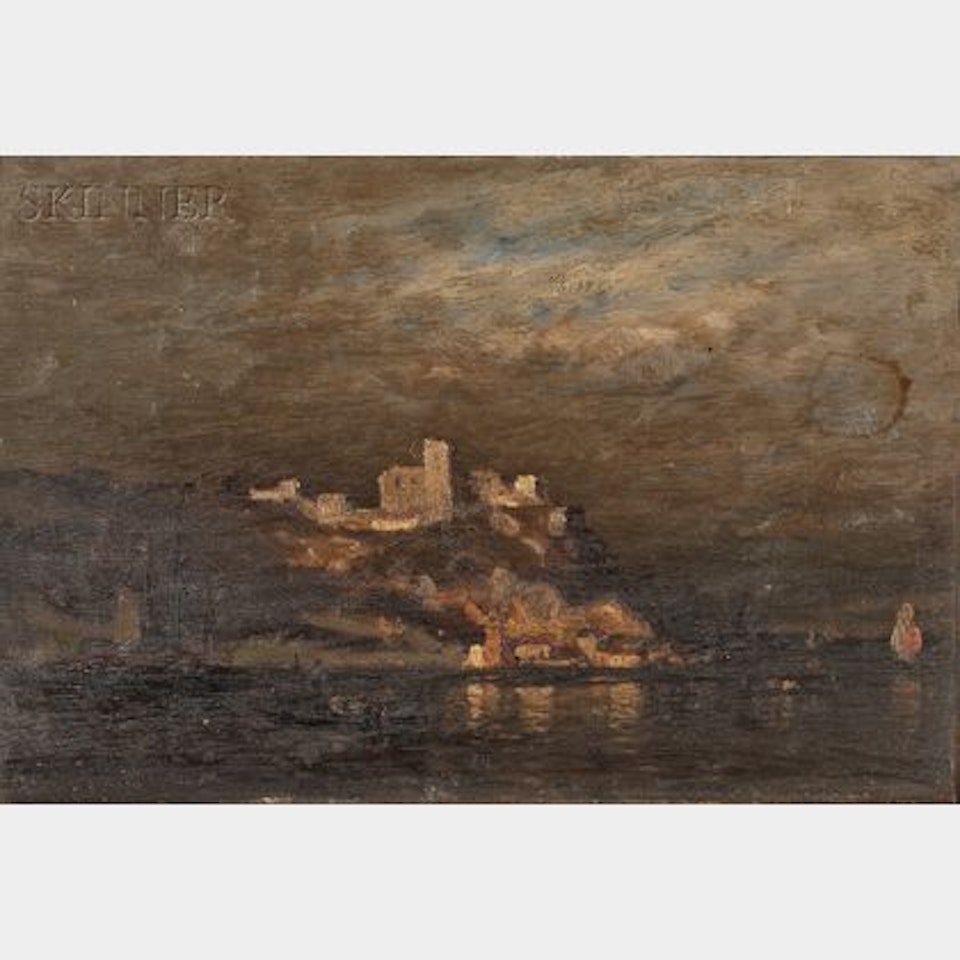 Two Italian Views: Sailboats near Venice and Coastal View with Church on a Cliff by Continental School
