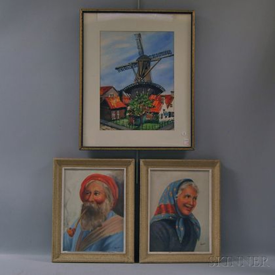Three Works: View of a Windmill, Bearded Gentleman with a Pipe and Woman with a Headscarf by Continental School