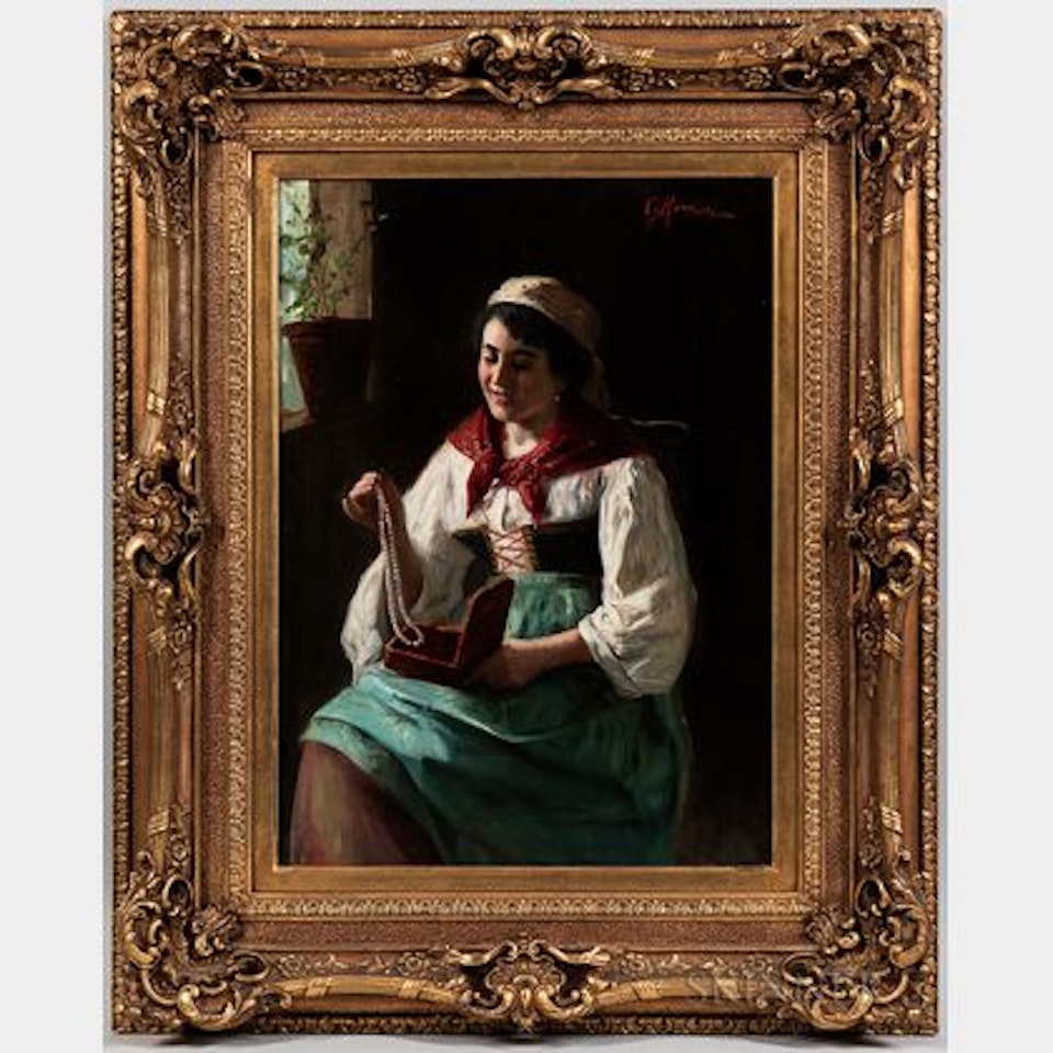 Young Woman Admiring a Strand of Pearls by Continental School