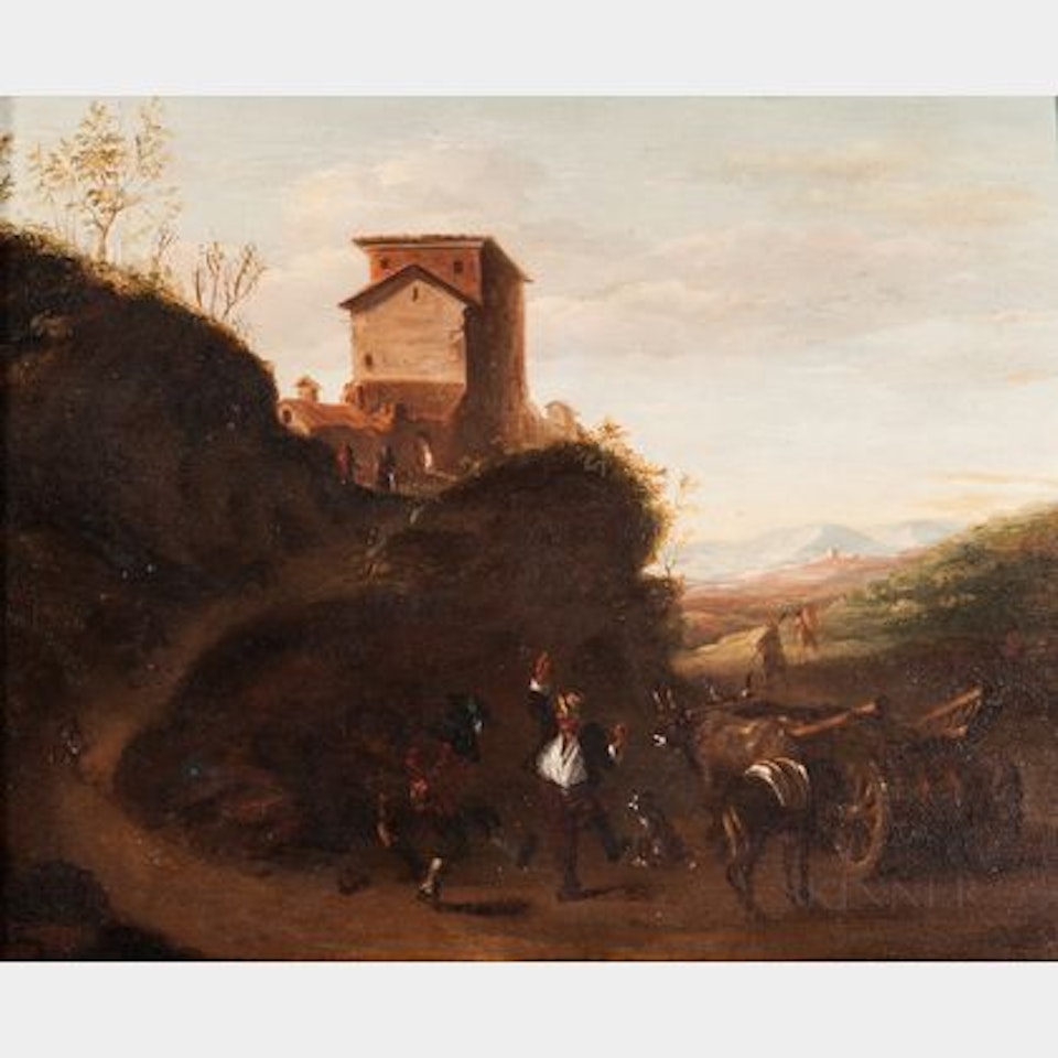 Three Peasant Men Dancing Near an Ox-drawn Haycart on a Winding Road by Dutch School