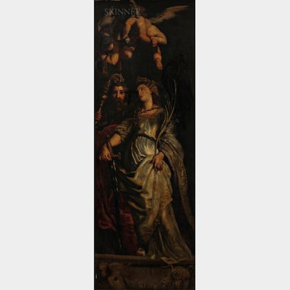 Two Panels Depicting Standing Saints with Putti Above, Possibly Wings of an Altarpiece by Continental School