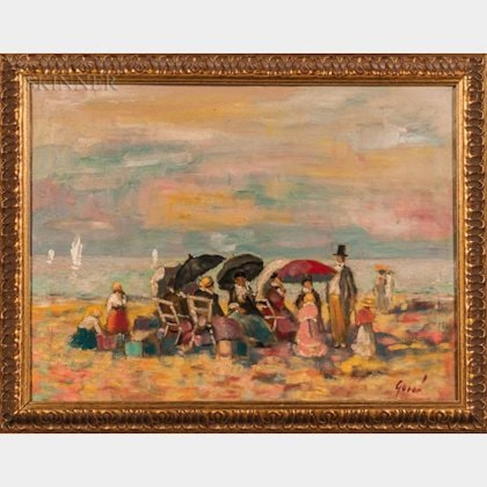 Old-Fashioned Figures Beneath Umbrellas at the Beach by Continental School