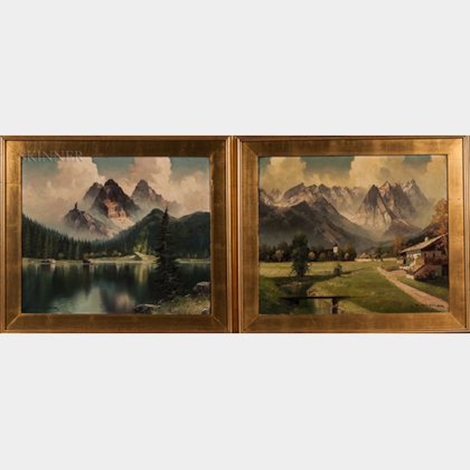 Two Alpine Views: In Werdenfelser Land and Three Peaks with Lake by German School