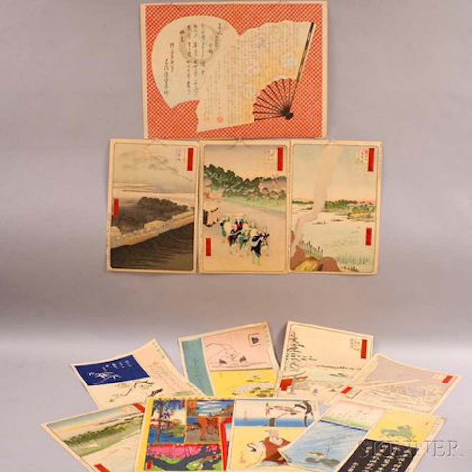 posthumous edition, from the series Selected Forty-eight Views of Edo including The Kilns by the Hashiba Ferry on the Sumida River , The Sakasai Ferry , Shimmei Shrine and Zojo Temple in Shiba , The Nihon Embankment and the Yoshiwara , Lumberyards at Fukagawa , and View from the Top of the Slope at the Tenjin Shrine at Yushima by Utagawa Hiroshige