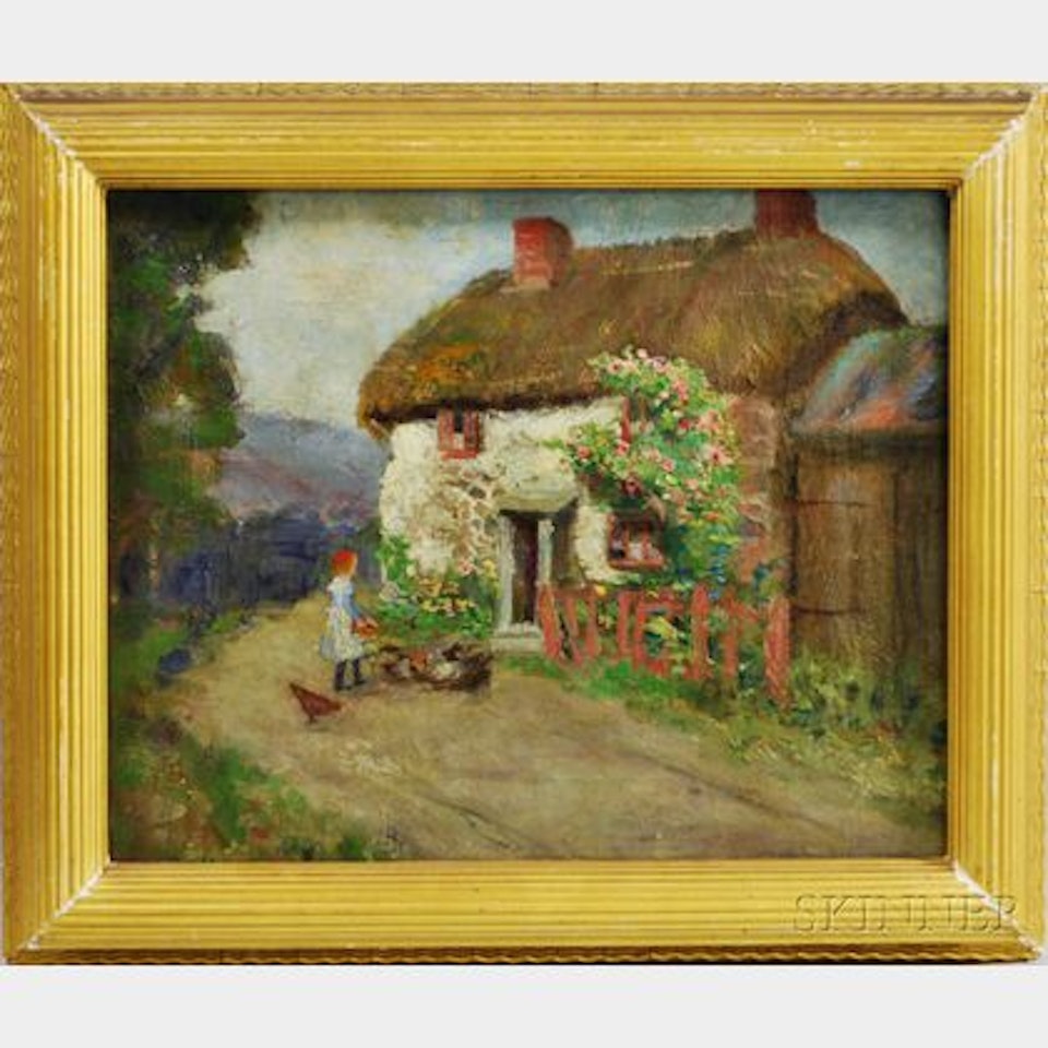 Thatched Cottage with Girl Feeding Chickens by Continental School
