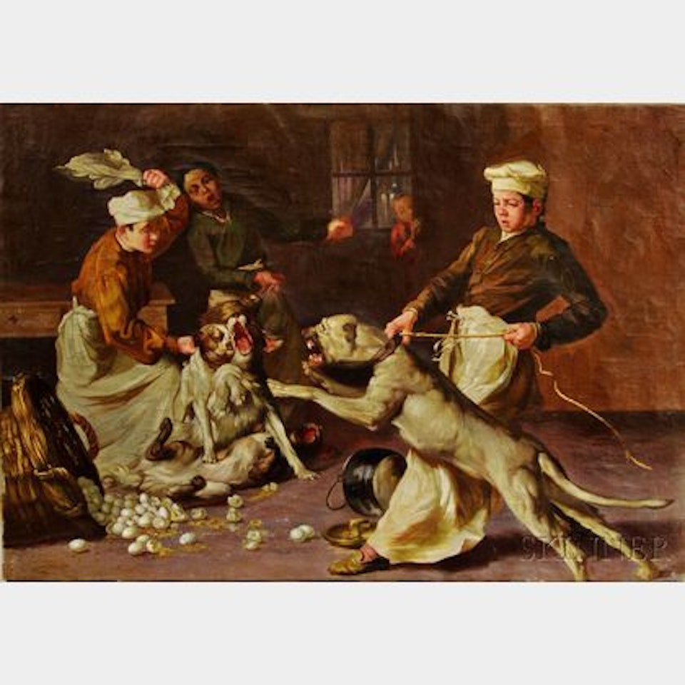 Kitchen Boys Restraining Fighting Dogs in an Interior by Continental School