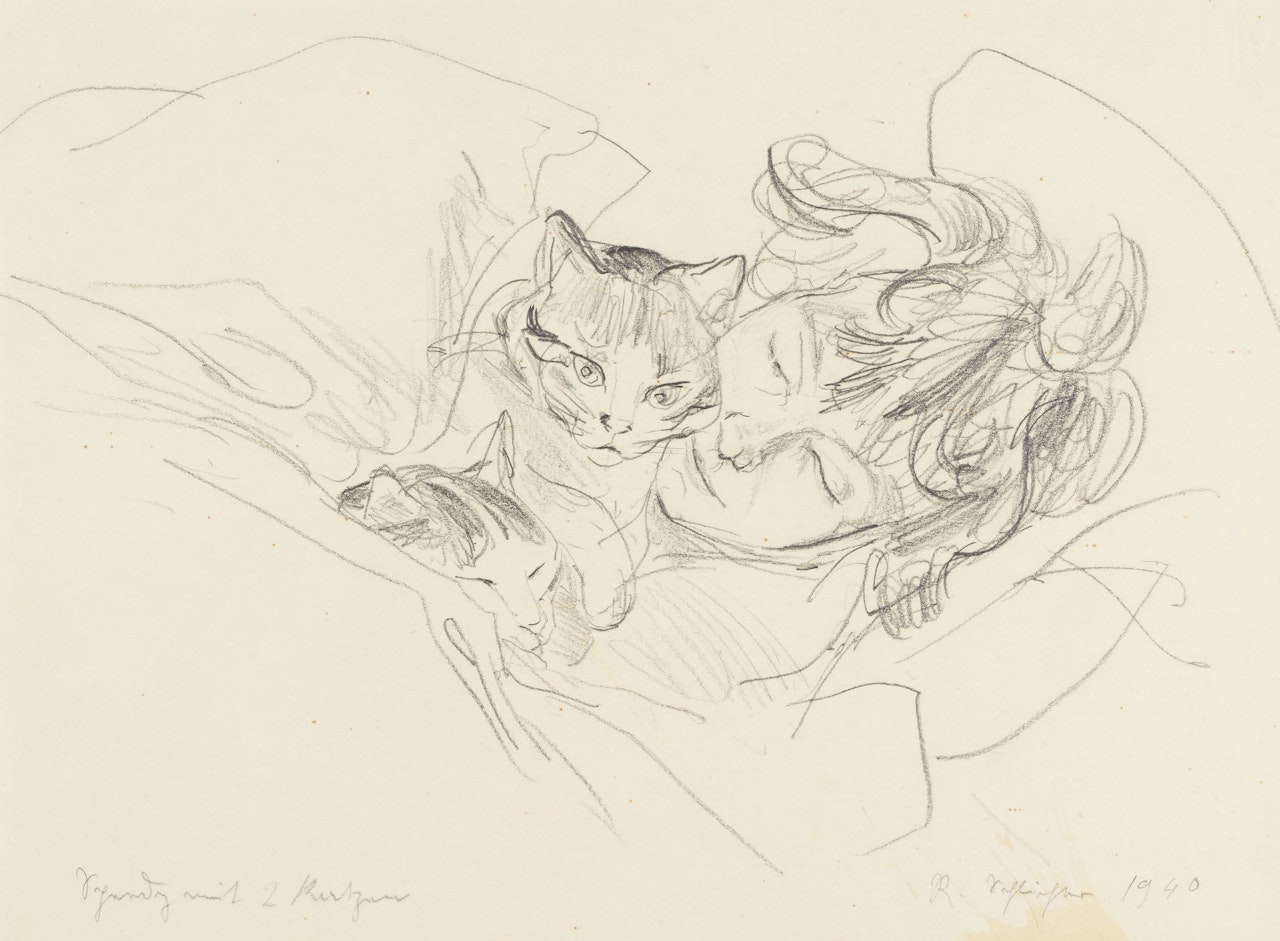 Speedy mit 2 Katzen by Rudolf Schlichter
