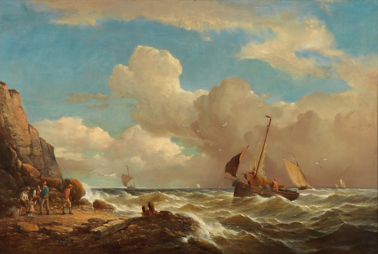A risky manoeuvre - fishermen attempting to bring the catch ashore in heavy seas by English School