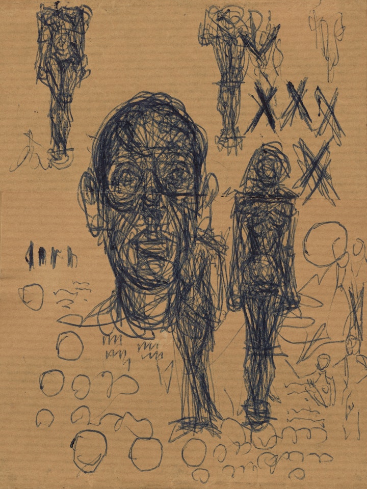 Tête d"homme, femmes debout et griffonnages by Alberto Giacometti