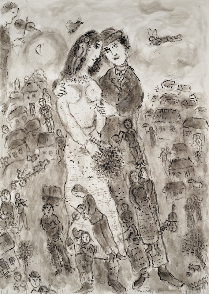 Fête du village pour les mariés ( recto ); Le peintre et son couple ( verso ) by Marc Chagall