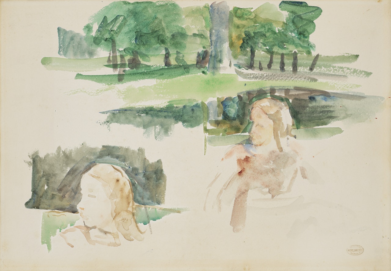 Étude de paysage à la rivière et d"enfants by Mary Cassatt