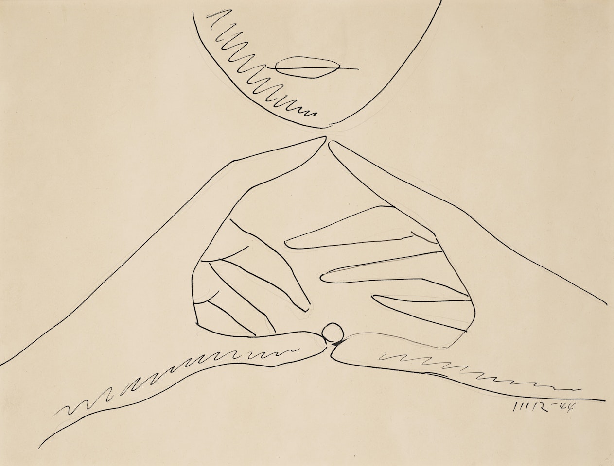 Untitled (hands, ball and half face) by Man Ray