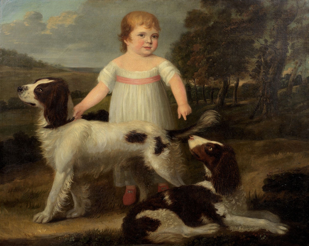 Portrait of a boy with his spaniels, stood before a landscape by English School