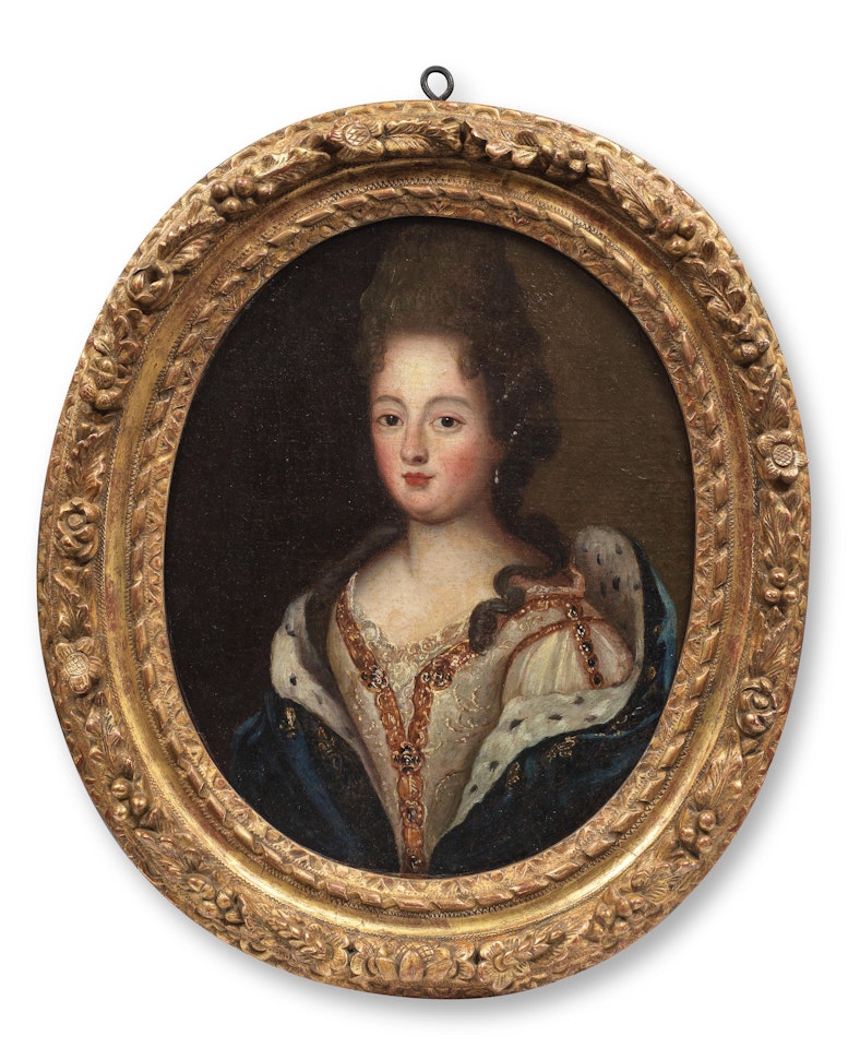 Three portraits of two ladies and a gentleman, half-length, in elaborate dress by French School
