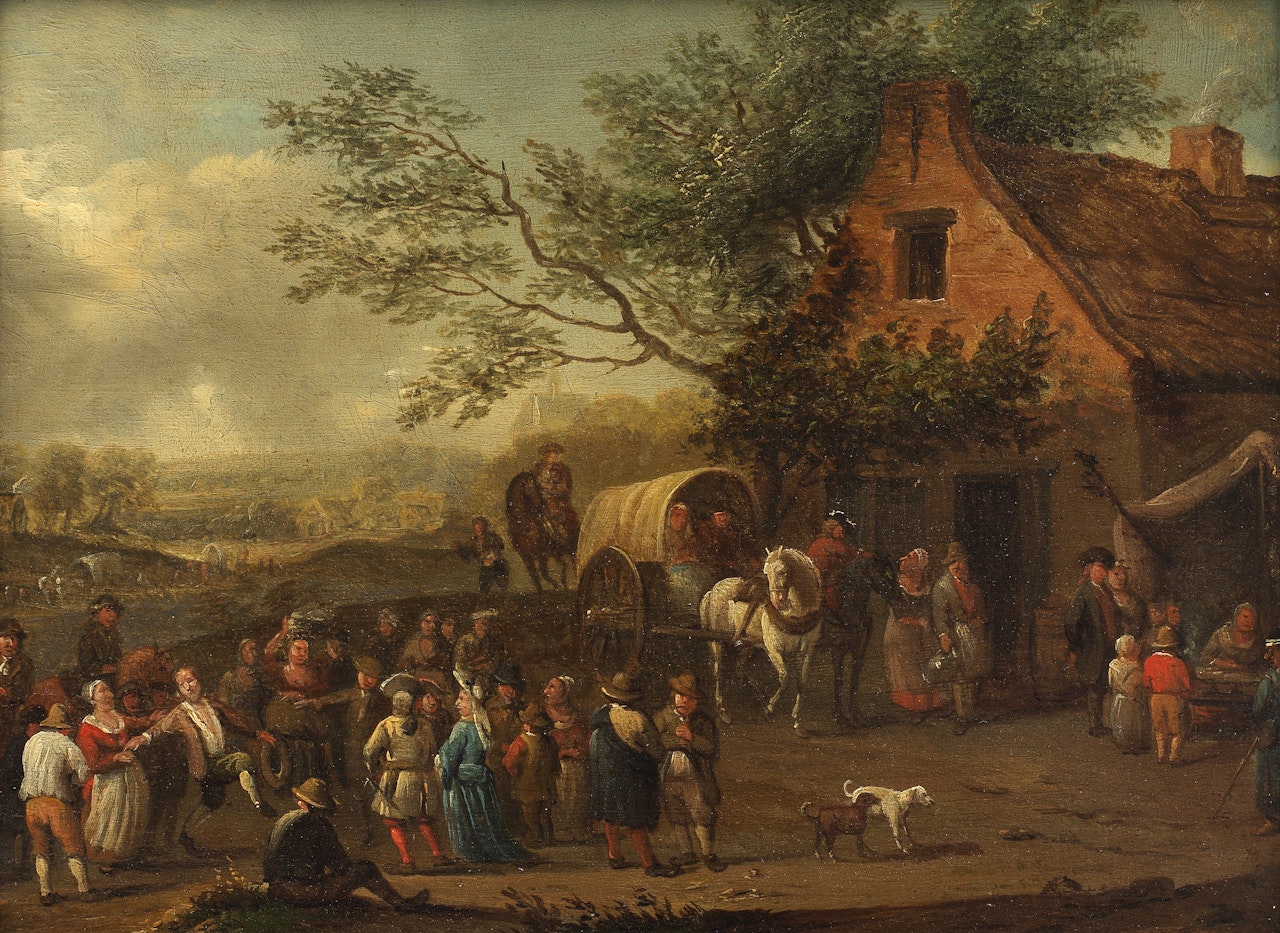 Figures gathered outside an inn by Dutch School