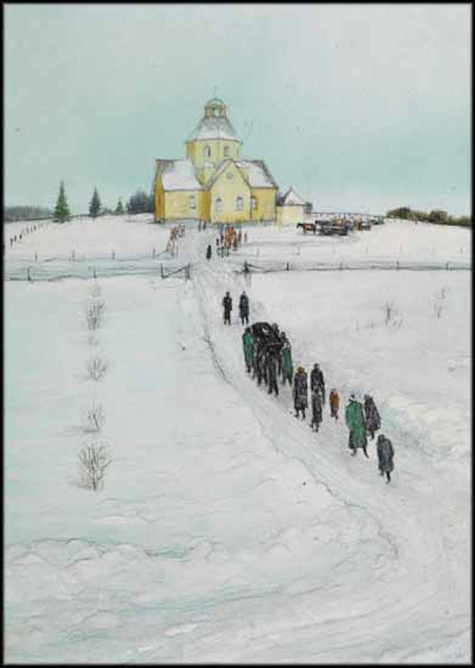 Funeral at Saskatchewan Ukrainian Church in the 30s by William Kurelek