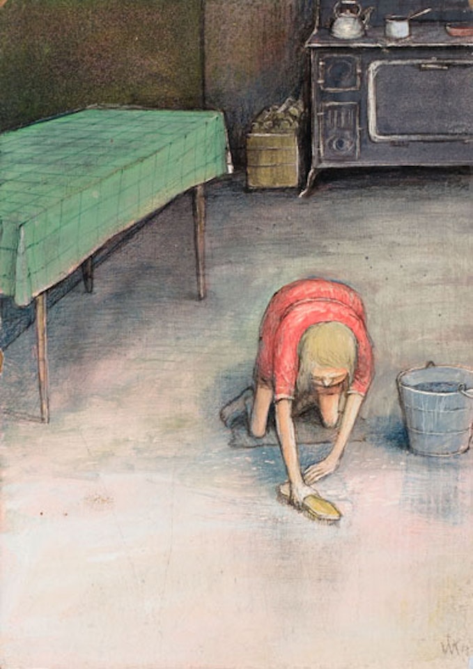 Skinny Girl Scrubbing Floor by William Kurelek